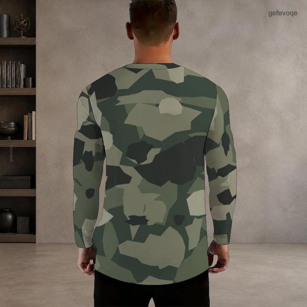 Men Plus Size Camouflage Printed Round Neck Long Sleeve T Shirt Pullover Straight Hem