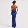 Women's Halter Satin Backless Strappy Waisted Long Dresses