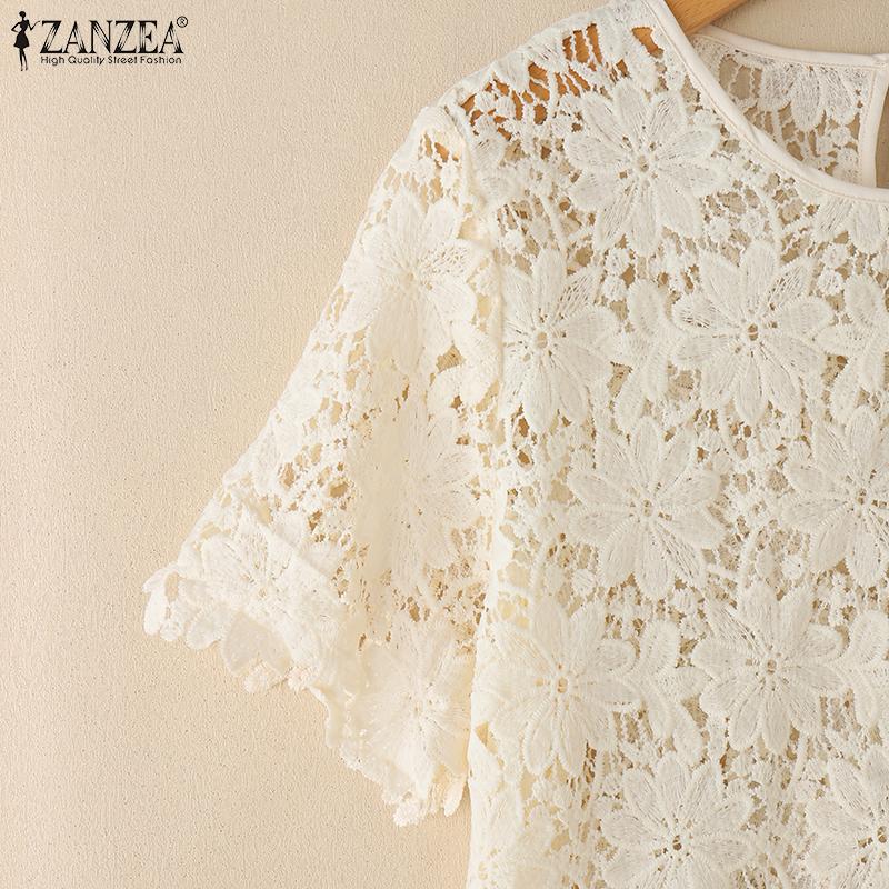 ZANZEA Women Casual Round Neck Hollow Out Lace Short Sleeve Blouse