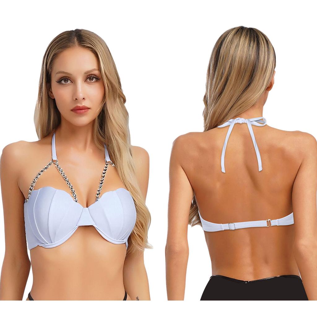 S-XXL Women‘s Glitter Mermaid Bikini Top: Halter Neck with Pearl Chains, Shell Shape & Light Padding for Beach Party
