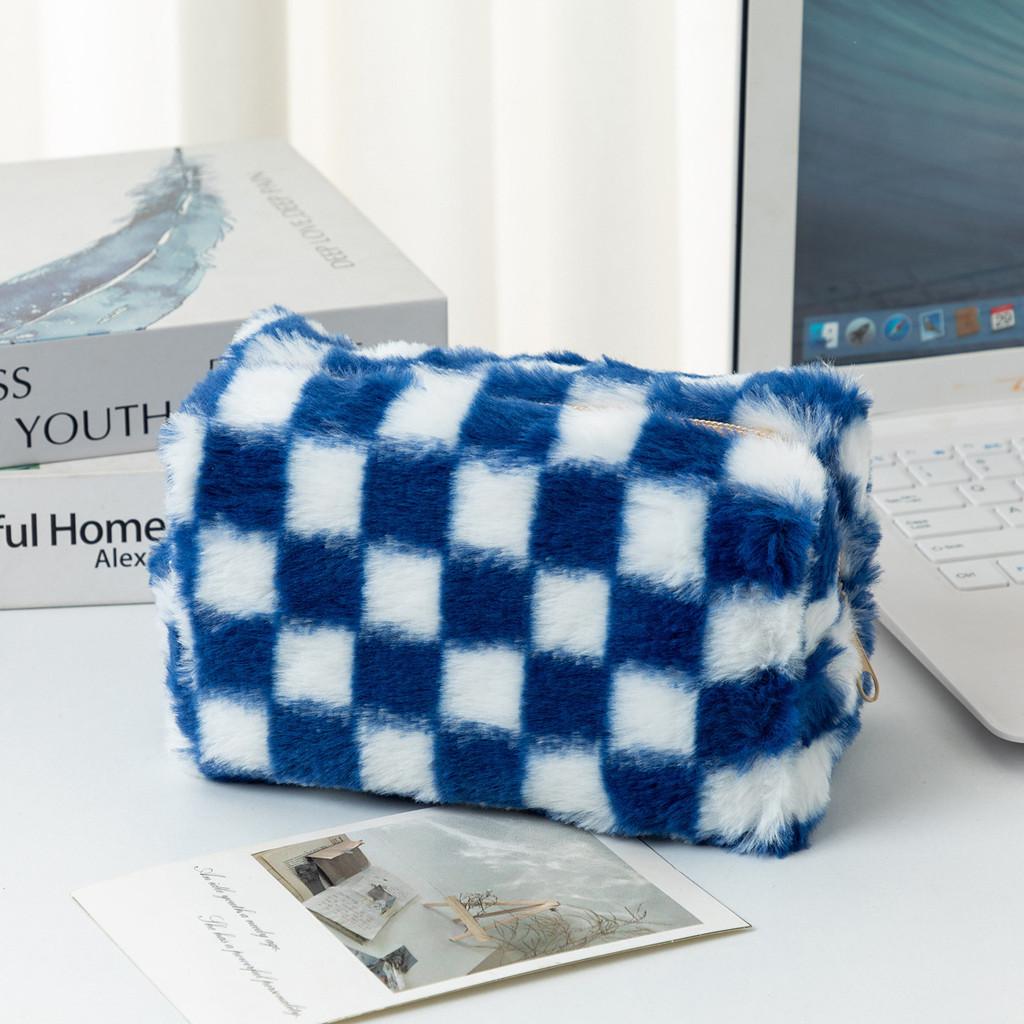 Plush Checkered Pencil Case With Breathable Fabric For Students And Daily Use