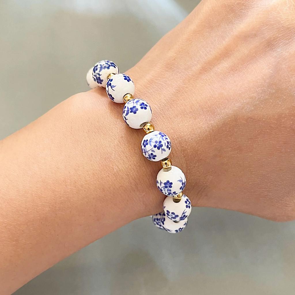 6/8/10mm Ceramic Beaded Bracelet with Gold Color Stainless Steel Beads Vintage Blue and White Porcelain Stretch Jewelry Women