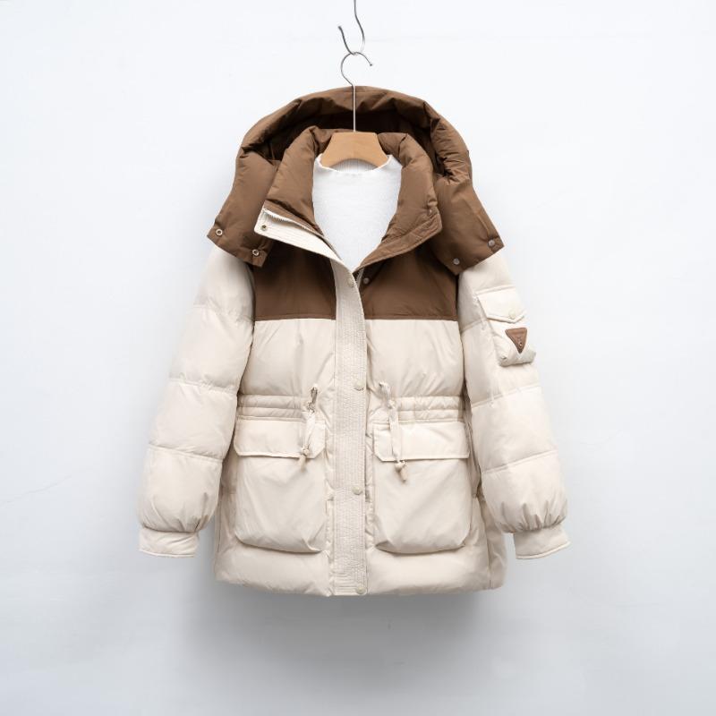 

Pinghu loose color matching hooded warm winter bread clothes white duck down zipper long sleeve thickened down jacket L