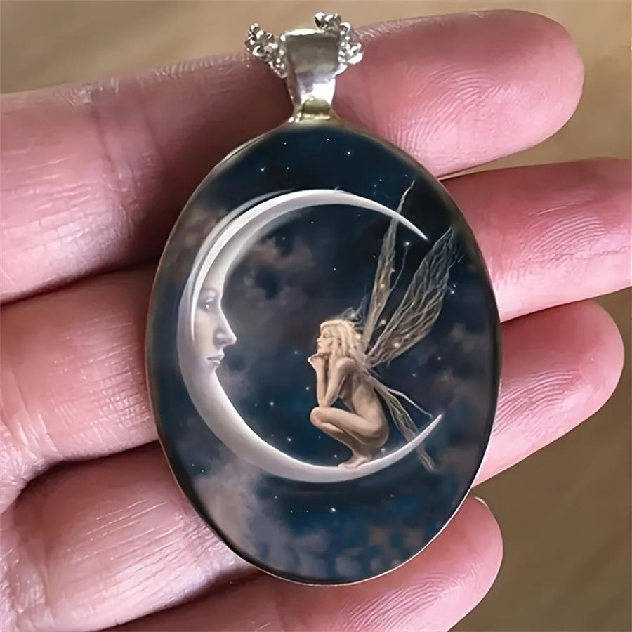 Moon Goddess Painted Oval Pendant Necklace, Unisex Alloy Jewelry (Pendant 4.5*3cm, Chain 50cm)