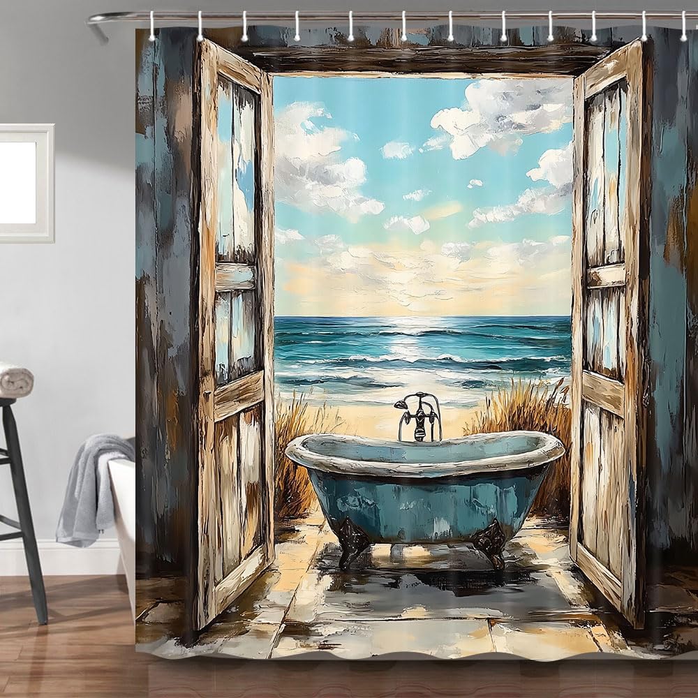 Waterproof Coastal Beach Ocean View Shower Curtain Rustic Bathroom Decor Nautical Window Curtain Seaside Tropical Home Decor Wal