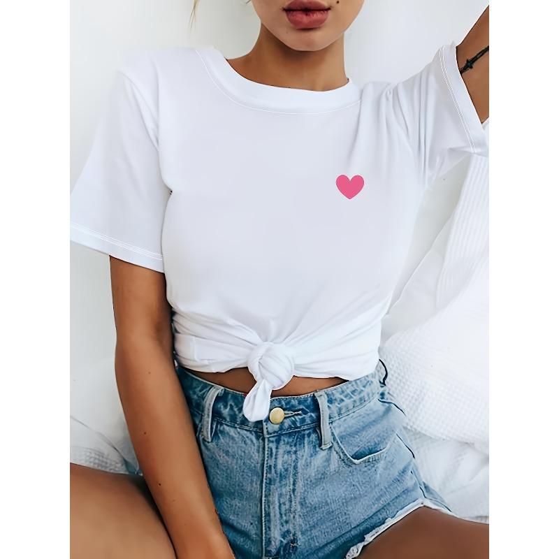 European Sizes Short-Sleeve T-Shirt with a Minimalist Pink Heart Pattern Print, Perfect for Summer Or Spring, Offering a Sweet And Cute Look for Women