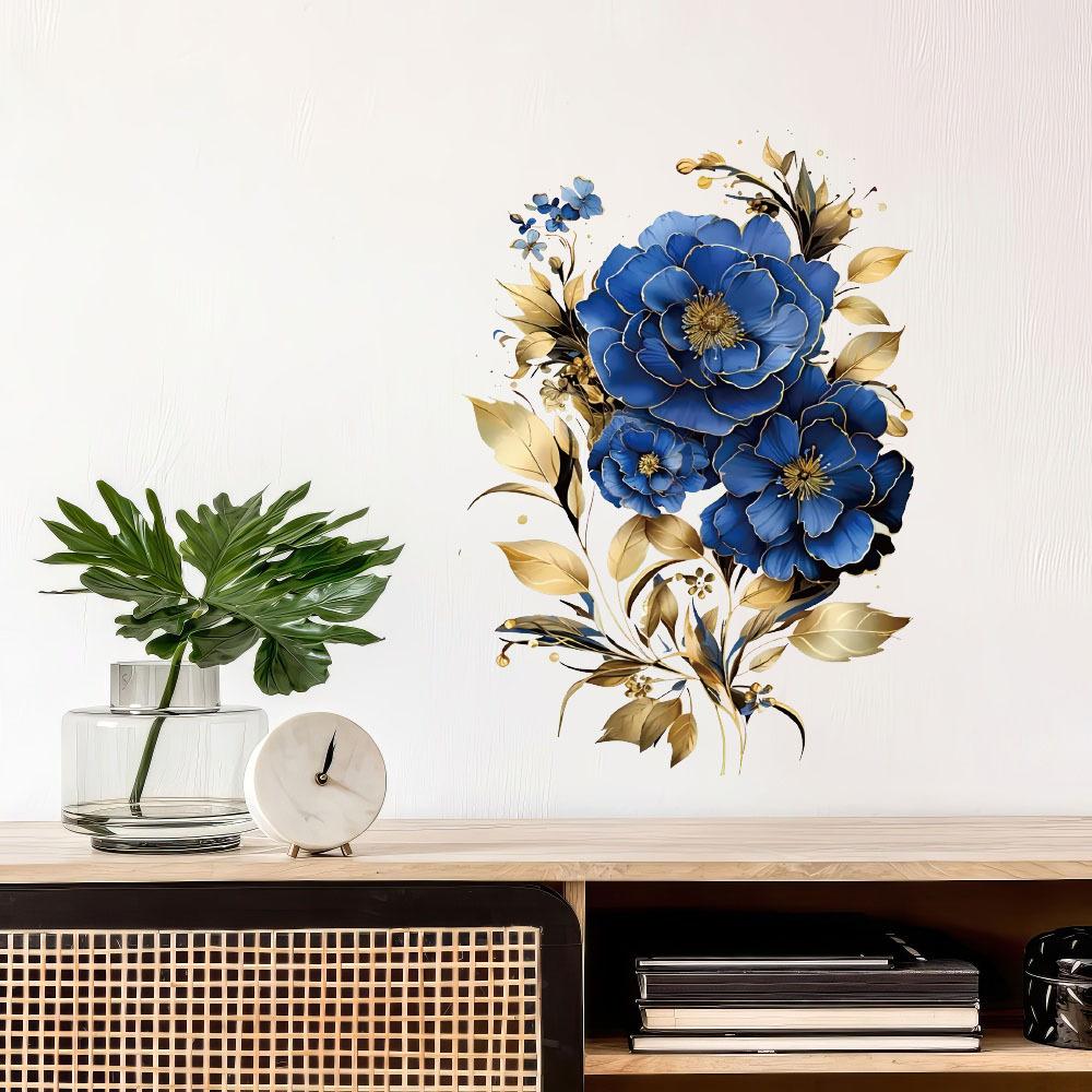 Self-adhesive Gorgeous Blue Peony Wall Stickers Large Flowers for Dining Room Accent Wall Home Decor