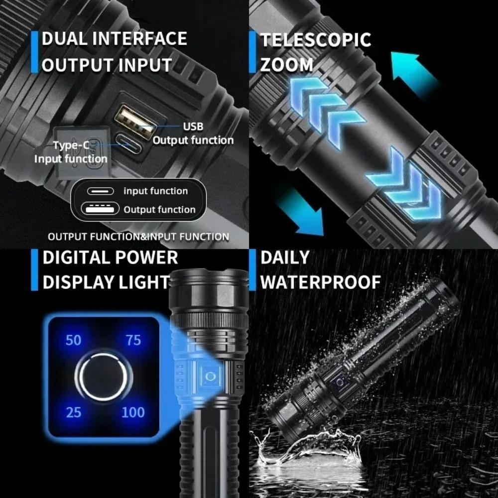 10000LM 100W Powerful Led Flashlights Tactical Built-in Battery Flash Light USB Mergency Spotlights Scalable Zoom Outdoor Multifunctional