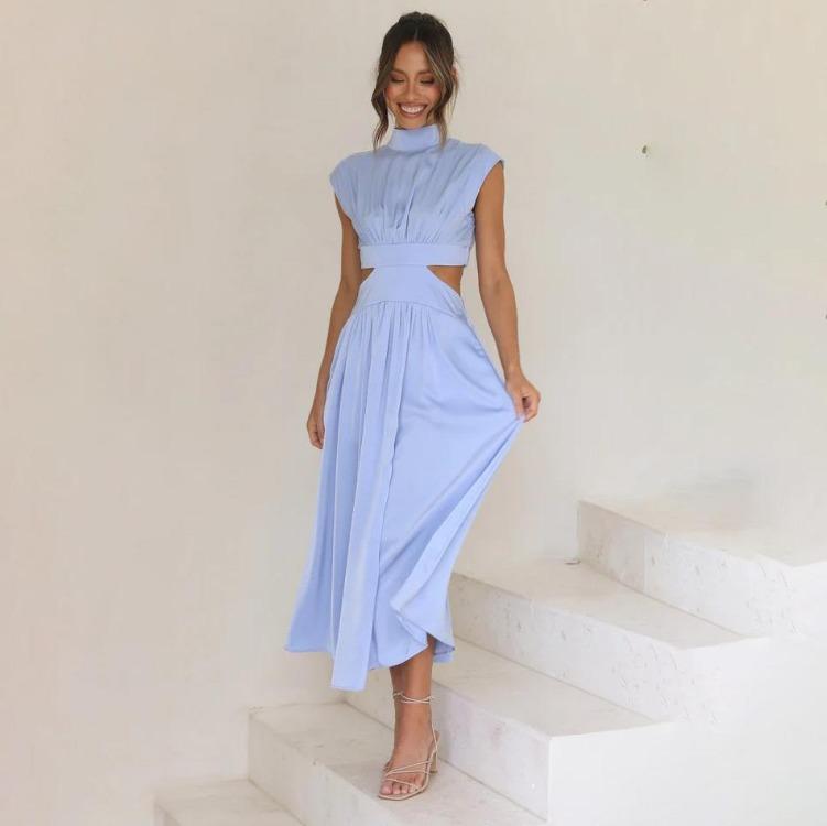 

Летнее женское повседневное платье без рукавов А-силуэта, длинное, со стойкой, высокой талией, цветное, весеннее платье S-XL L светло-синий