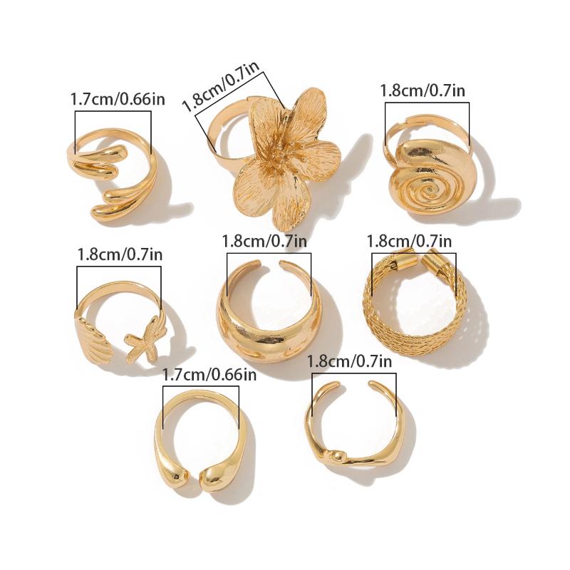 8 Stuks/Set Vintage Metalen Bloemblaadje Bloem Waterdruppel Open Ringen Voor Vrouwen Oceaan Vakantie Geometrische Ring Dagelijkse Sieraden Cadeau