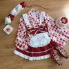XHSUKADO Dress Set Includes Mini and Long Checkered Size M Women's 4-Piece Kimono/Yukata (Summer/Autumn), Top, Skirt, Apron, Obi, Ribbon. Cute,