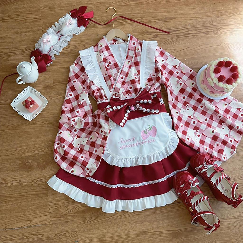 XHSUKADO Dress Set Includes Mini and Long Checkered Size M Women's 4-Piece Kimono/Yukata (Summer/Autumn), Top, Skirt, Apron, Obi, Ribbon. Cute,