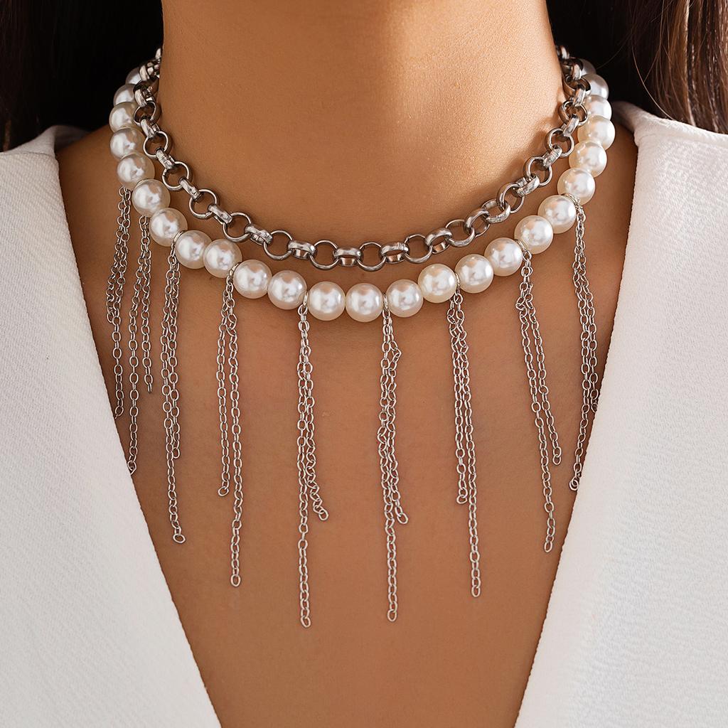 Ingemark 2Pcs Multilayer Imitation Pearl Tassel Link Chain Necklace for Women Vintage Beads Choker Y2K Jewelry Wed Accessories