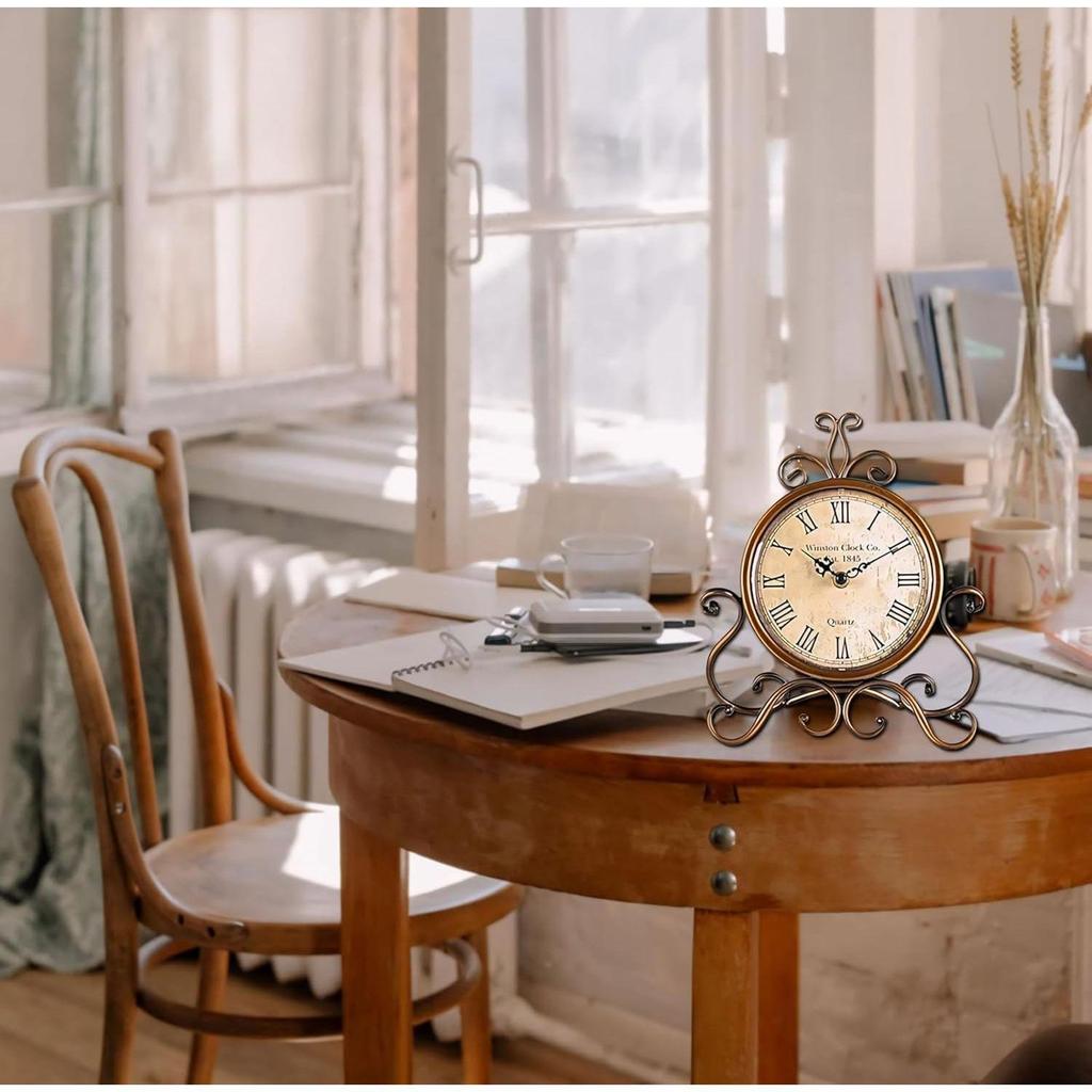 Table Clock Antique Style 10 in dial 6 in Desk Clock Art Unique for Home Office Decor Iron Metal Glass Colour (Antique) (Antiquee)