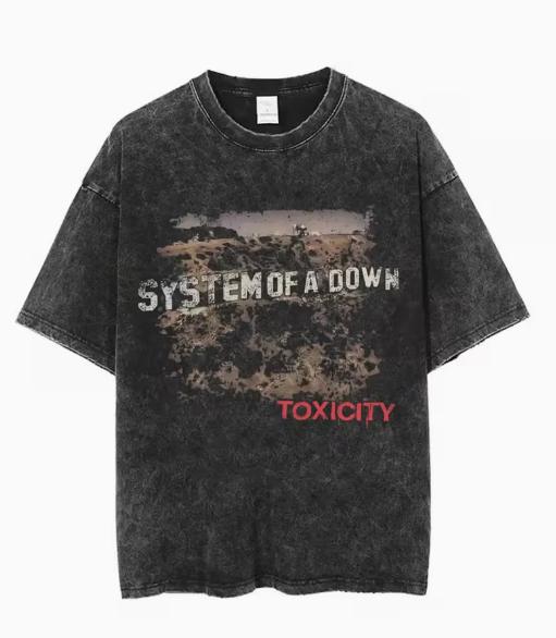 

Album Pattern Tshirt Retro Wide Music Theme Long Round Neck Shirt with Toxic Logo Metal Rock Fans Suitable Tshirts S