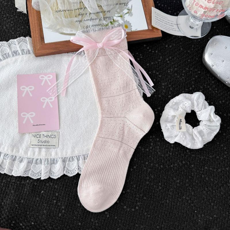 Cute Boneless Summer Thin Socks with Bow Ties. Children's Sweet Long Ribbons. Lolita Mid-calf Socks with Decorative Ties.