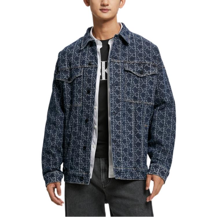 Calvin Klein FW22 Logo Print Polo Collar Long Sleeve Denim Jacket Men Jacket Dark-Blue J322251-1BJ