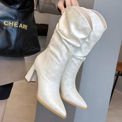 Sexy Pointy Thigh High Boots Women Party Shoes New Fashion Patent Leather Pleated Slim Long Boots Thick High Heel Botas De Mujer
