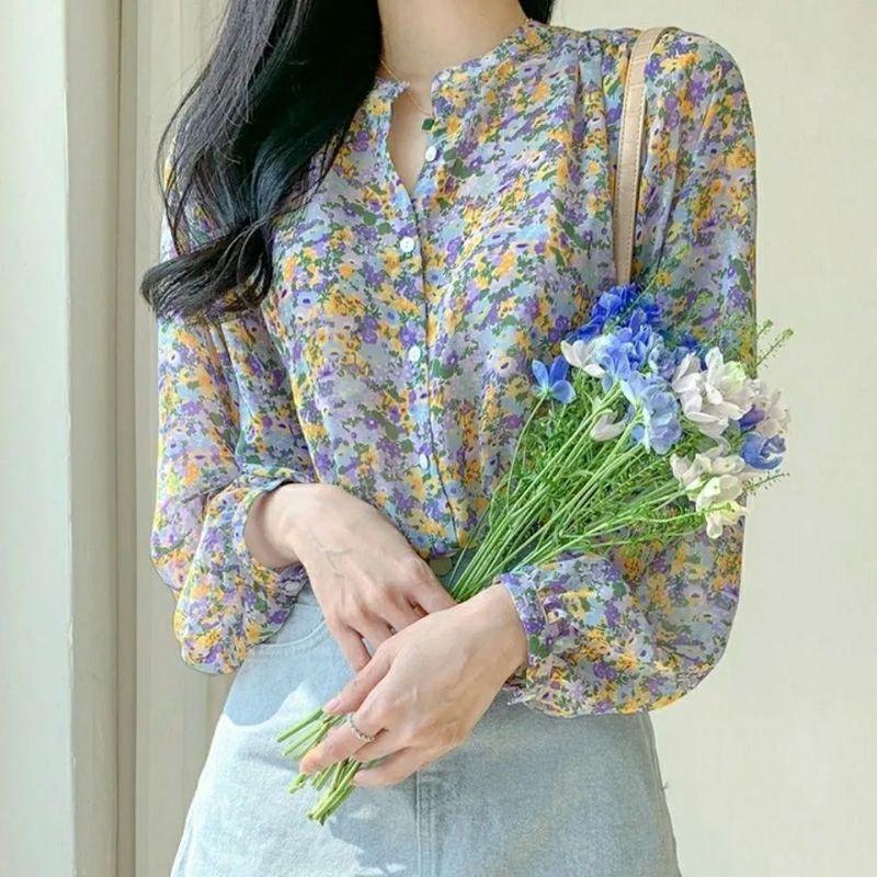 

Collar Small Floral Long Sleeved Shirt Lapel Floral Long-Sleeved Shirt for Women Light Green XXL