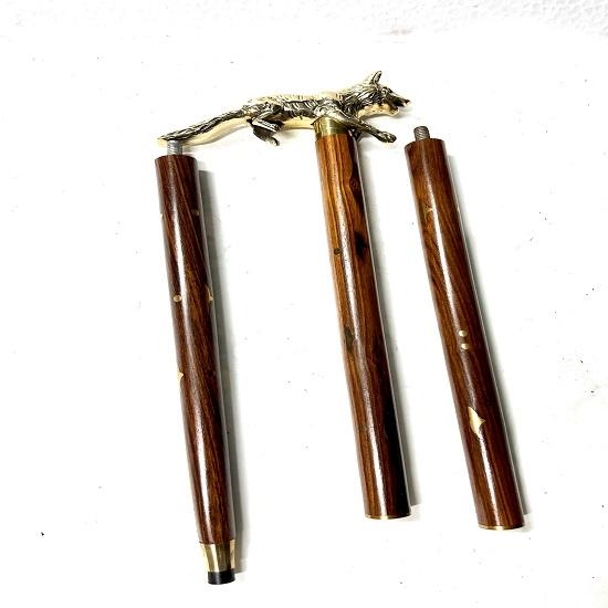 Handmade Wooden Cane Brass Fox Head Handle Walking Stick  Brown Style Cane