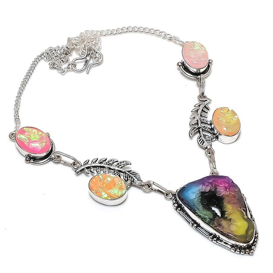 Natural Rainbow Solar Quartz, Opal 925 Sterling Silver Jewelry Necklace 18" v6q98