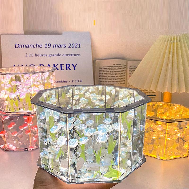Handmade Rose Mirror Small Night Light Creative Night Gifts DIY Day Mother's Day Rose Light Valentine's Octagon