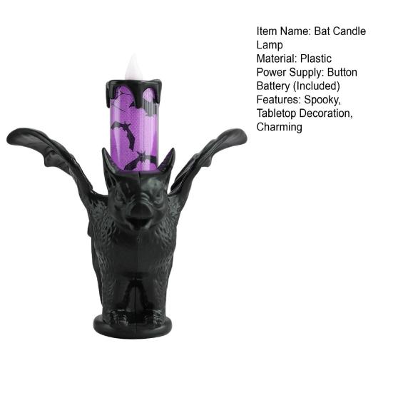 Halloween LED Bat Candle Lamp Flameless Flickering Tabletop Candle Lamp Horror Black Bat Statue Candlestick for Indoor Home Decor