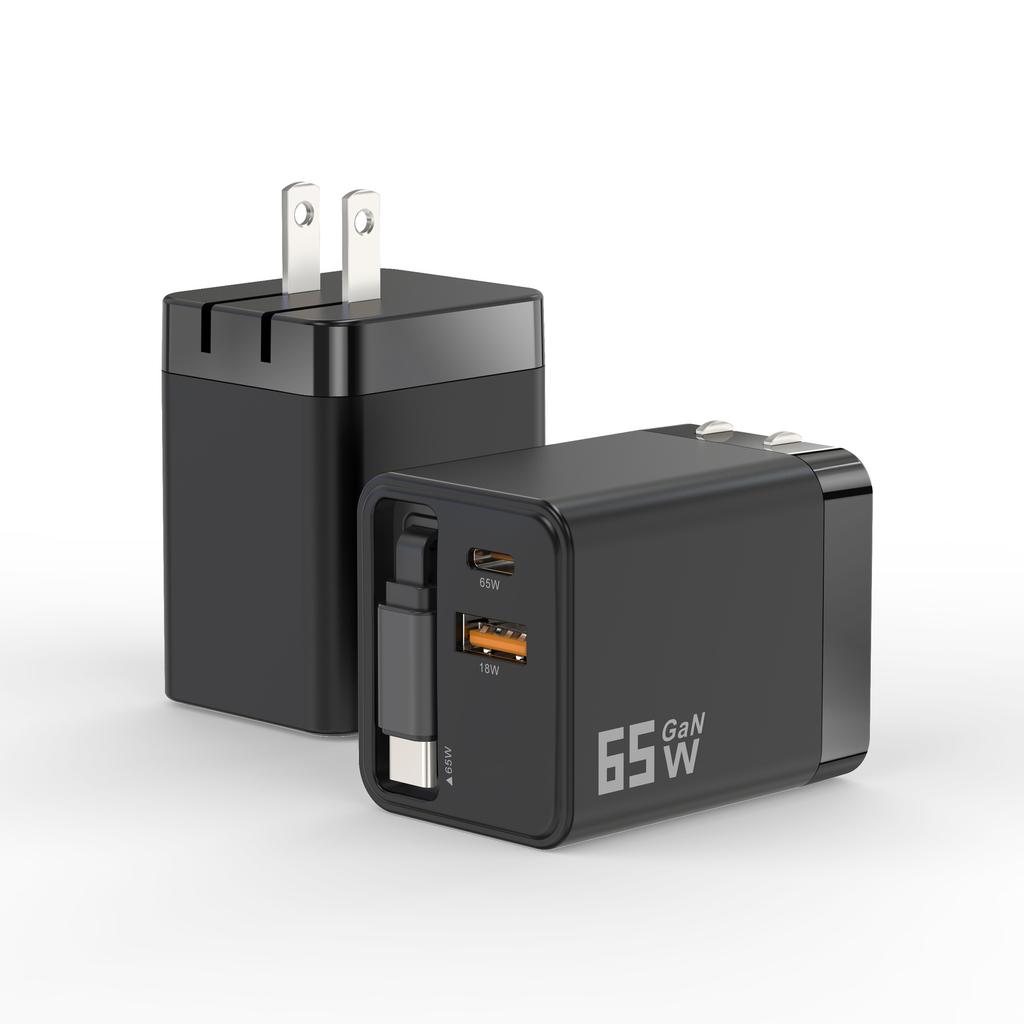 65W GaN Wall Travel Charger Adapter Mini EU Pin Plug Retractable Cable OTP Compatible PD 3.0 QC3.0 for Macbook Mobile Phone