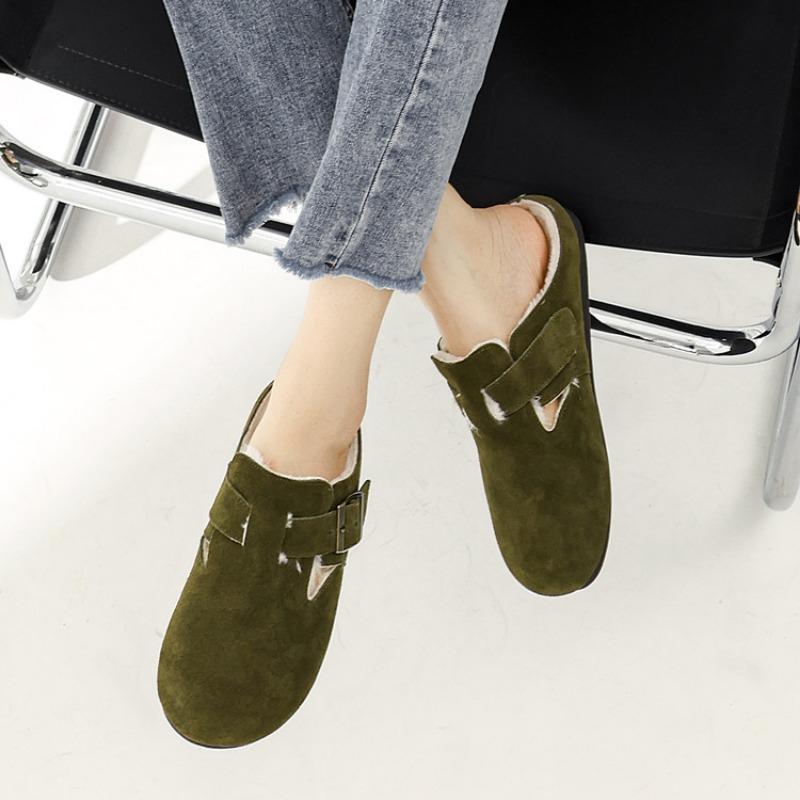 Bokken Shoes Women's Green Leather Cow Suede Round Toe Retro Flat Soft Sole One Foot Stirrup Baotou Half Mop