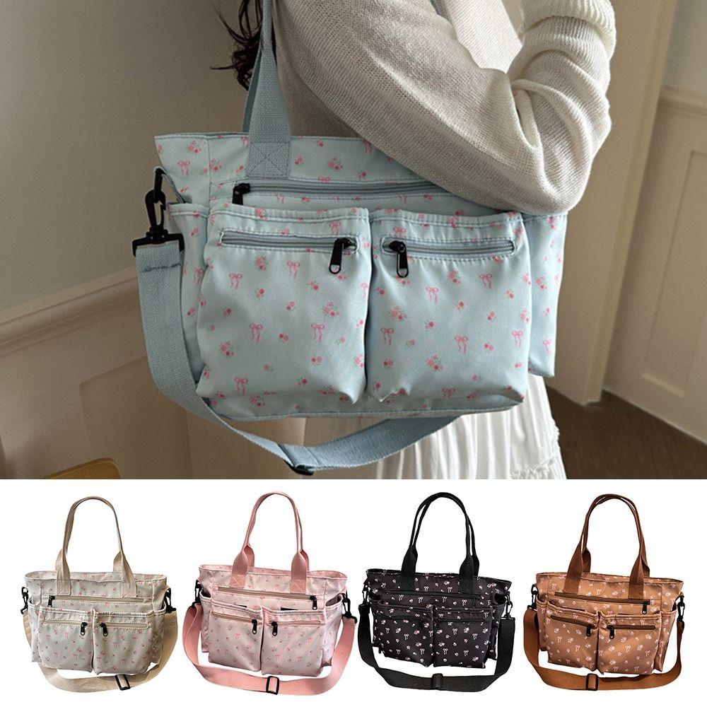 Casual Large Capacity Tote Bag Bow Adjustable Strap Crossbody Bag Multi-Pocket Waterproof Shopping Bag