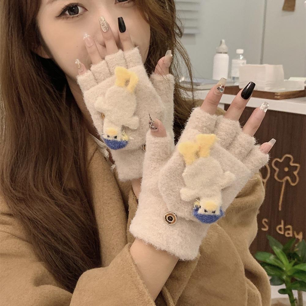 Duck Flip Plush Gloves Cartoon Winter Mittens Cute Half Finger Gloves  Writting