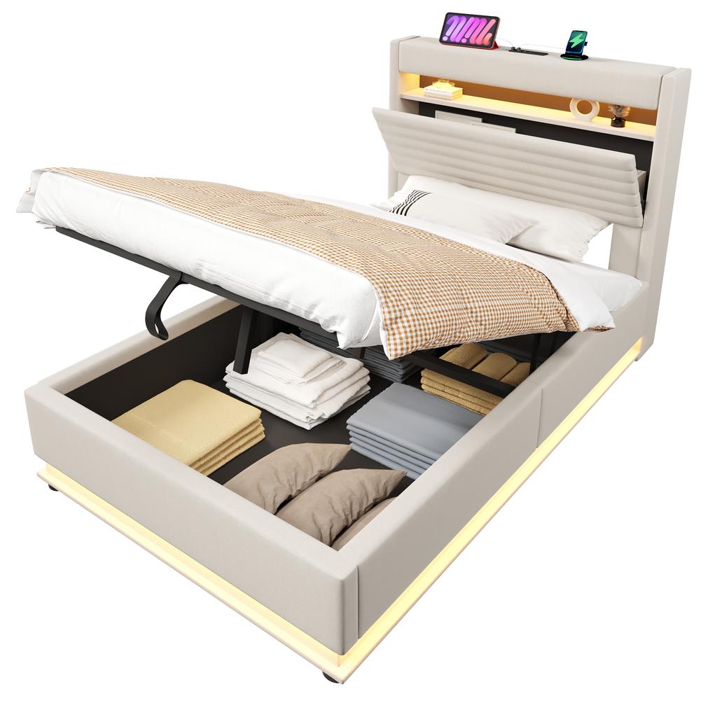 Upholstered Bed, 90x200cm, USB Type-C Charging, LED Lighting, Hydraulic Storage, Flip-top Compartment, No Mattress, Button/App Control, Linen, Beige