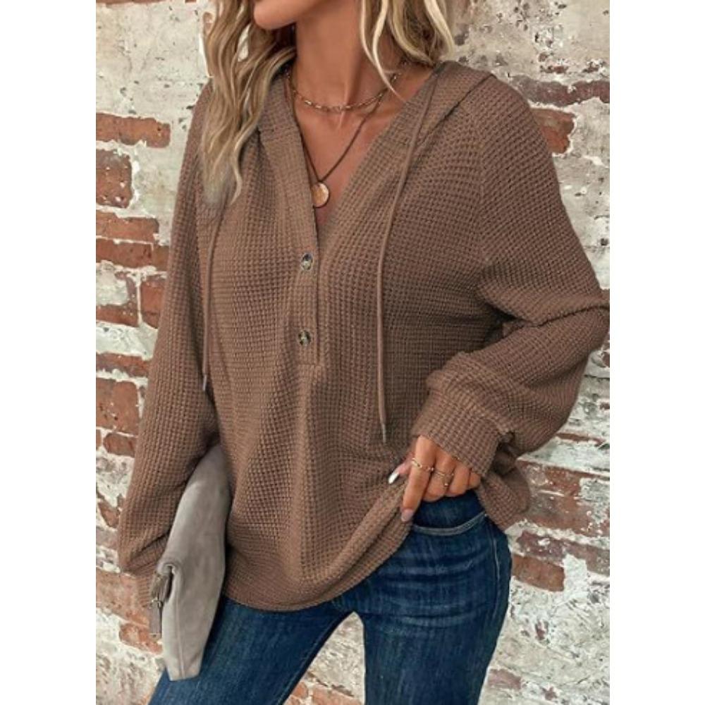Autumn Women's Solid Color Long Sleeved V-neck Top Thin Hooded Button Sweatshirt Coat Women's Fashionable Versatile Hooded Sweatshirt