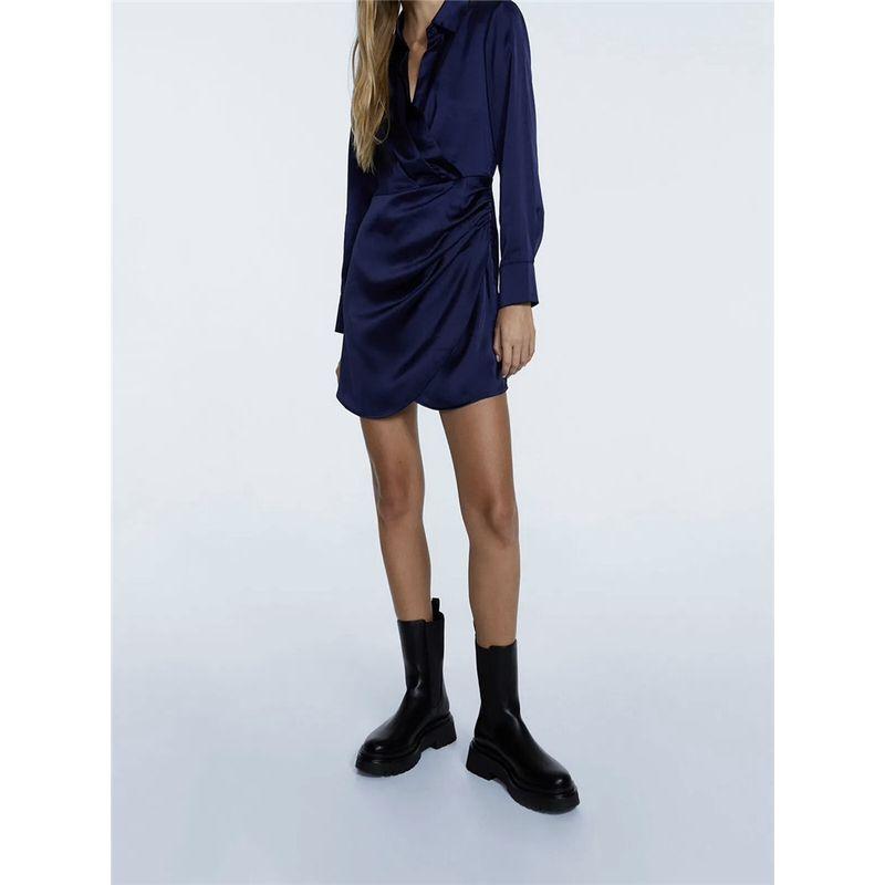 Foreign Trade Order Music Note Home High Sense Retro Temperament Fashion Long Sleeve Satin Waist Hugging Slimming Pleat Shirts Dress
