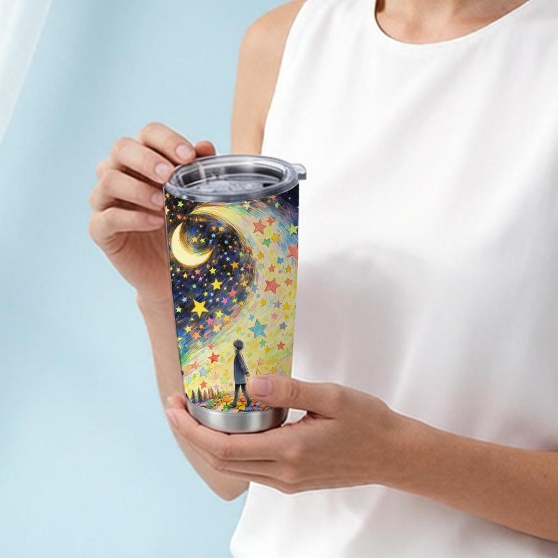 591ml Car Tumbler Galaxy Moon Trip Element Straw Cup Gift Cup Metal Drink Mug 20oz Car Straw Cup Coffee Tumbler