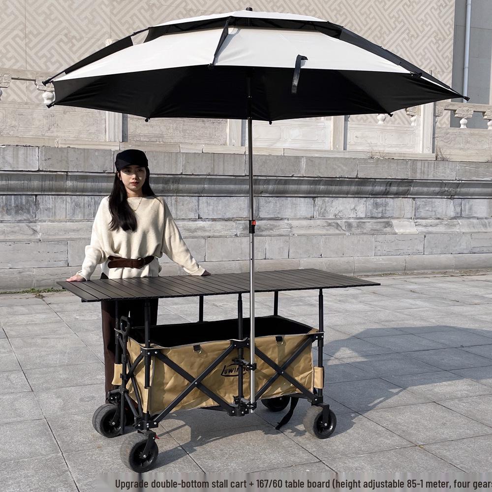 Adjustable Folding Handcart with Umbrella, Elevated Canopy & Table Top for Street Stalls or Camping.