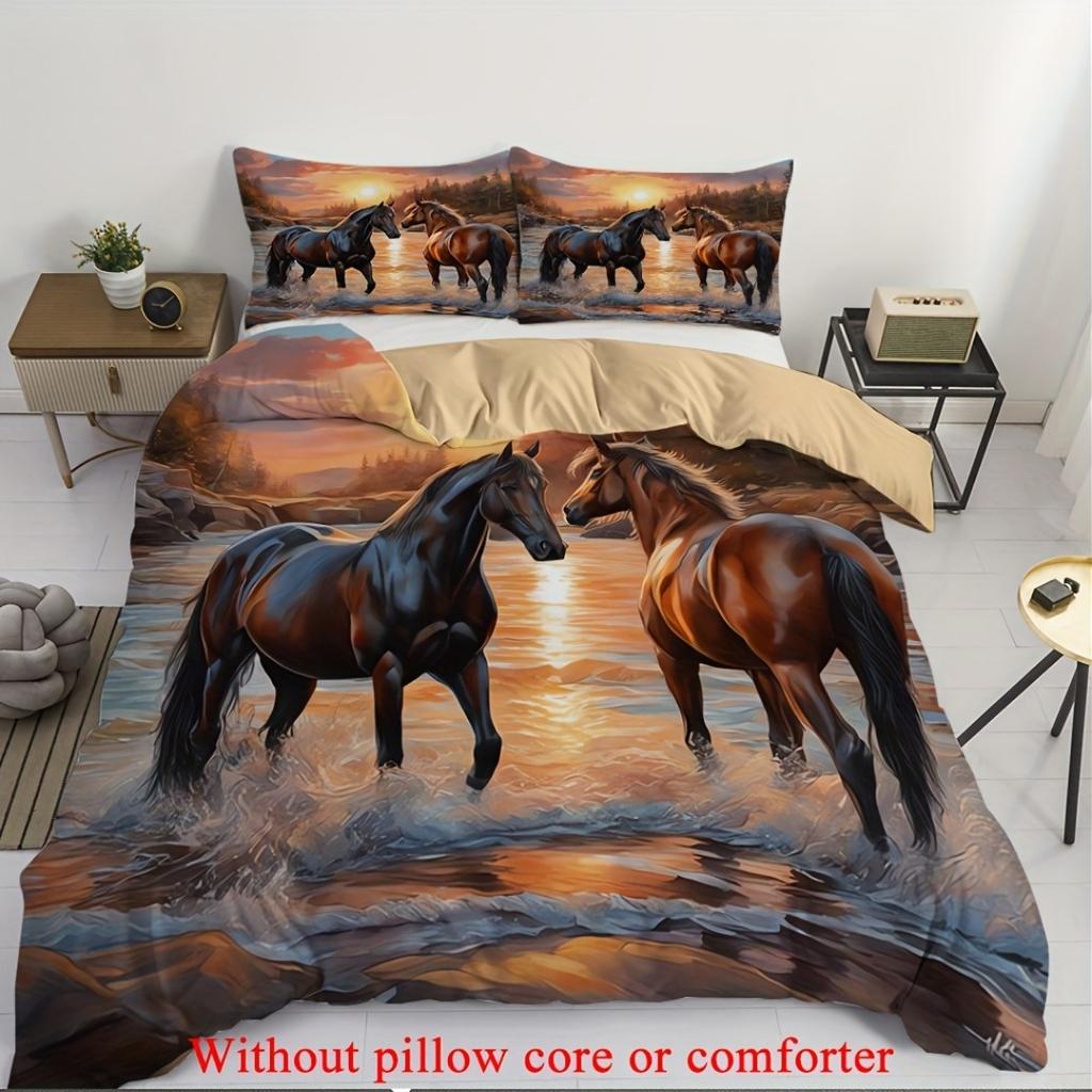 3pcs Sunset Grassland Steed Horse 3D Printed Bedding Set Cozy Duvet Cover King Queen Twin Size Birthday Gift Bedroom Decoration