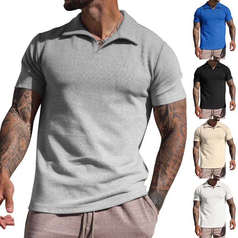 Men's summer lapel T-shirt men's heavy waffle oversize short-sleeved solid color casual V-neck Polo shirt