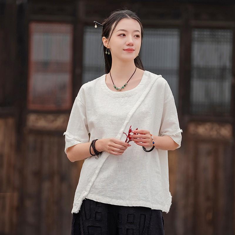 Johnature Women Vintage T-Shirts Patchwork Solid Color Summer O-Neck Short Sleeve Loose T-Shirts