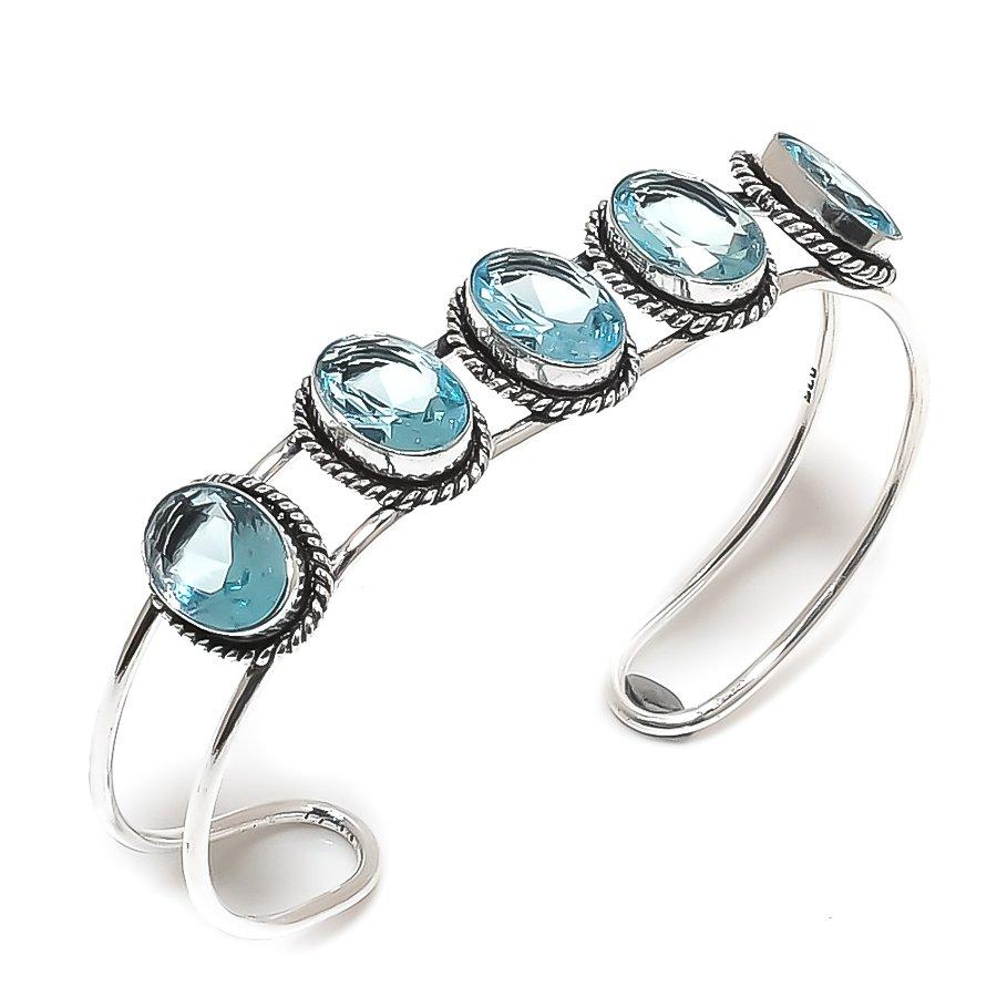 

Драгоценный камень Голубой Топаз Ручная работа Серебро 925 пробы Манжета-браслет Регулируемый P6s38