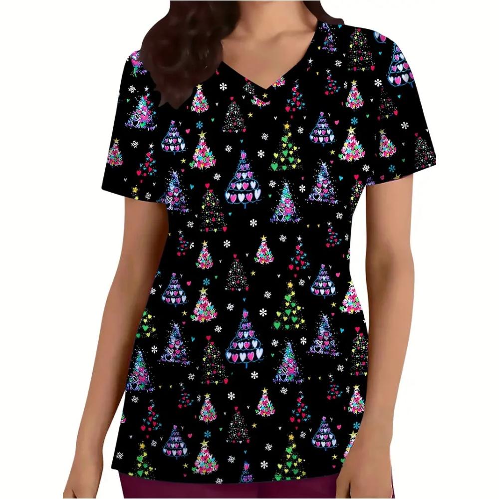 New Christmas Surgical Uniforms Woman Vet Dental Medical Uniform Microstretch V-Neck Short-Sleeve Tops Women's Medical Uniforms