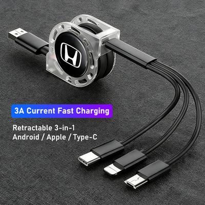 Car Fast Charging 3-in-1 Data Cable Micro USB Type-C For Honda N-BOX N-ONE Fit Jazz Civic City Accord CRV Vezel HRV Freed N-WGN