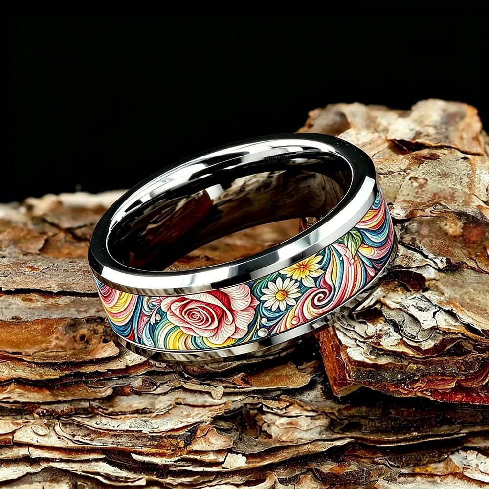 Boho Vintage Colorful Daisy Flower Inlaid Stainless Steel Rings For Women Men High Polished Bevel Edge Wedding Band Jewelry Gift