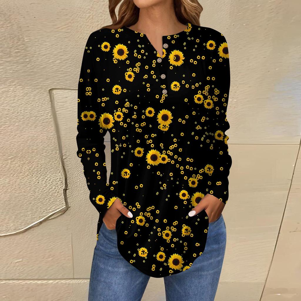 T-shirt à manches longues et col boutonné ample pour femme