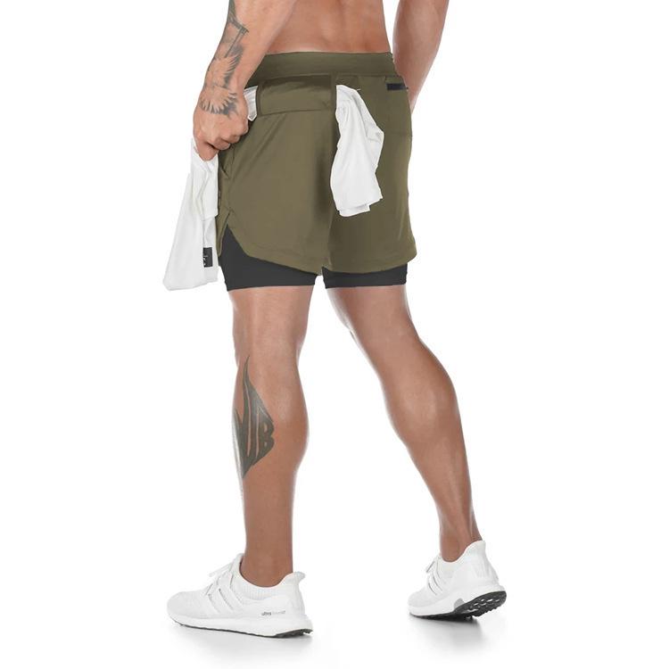 Men's Double Layer Color Block Sports Shorts with Hang Towel - Breathable, Solid Color Fitness Running Shorts.