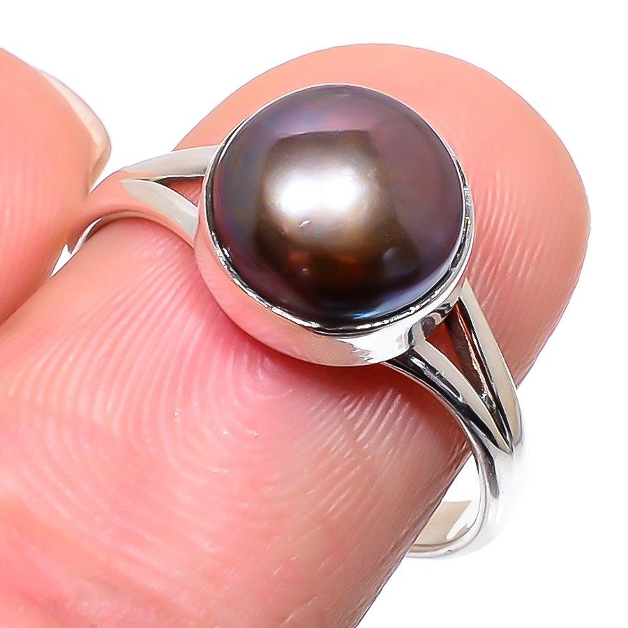 

Кольцо из стерлингового серебра 925 пробы с натуральным черным жемчугом ручной работы, размер 9 n2R78