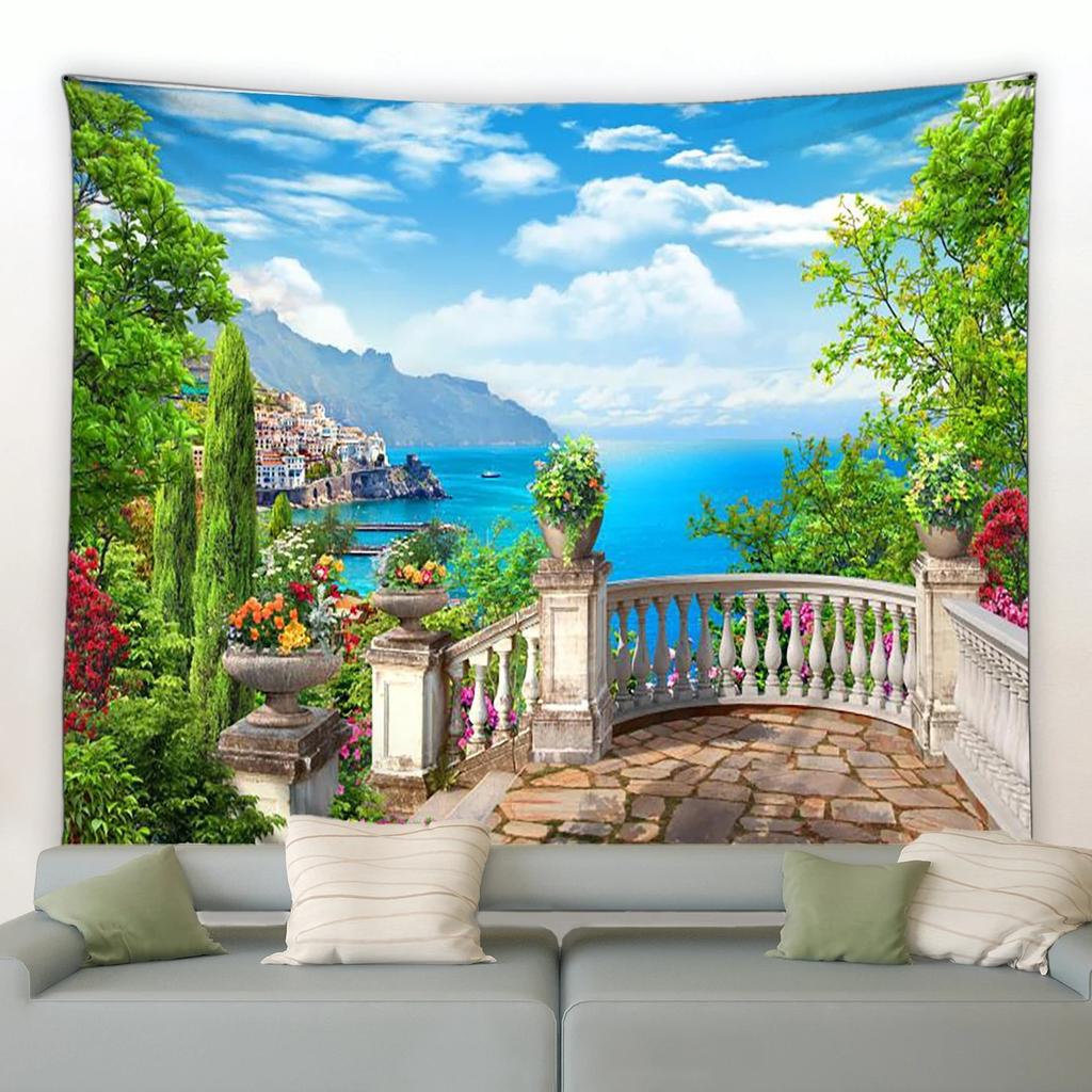 Europäischer Stil Küstenstadt Blumen Wandteppich Retro Italienische Architektur Pflanzenlandschaft Wandbehang Wohnzimmer Garten Dekoration Tuch