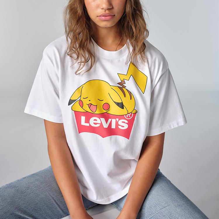 Levis X Pokémon Collaboration Pikachu Print Crew Neck Short Sleeve T-Shirt Unisex Tops White 59194-0002