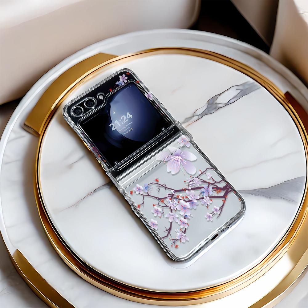 Husă pentru telefon Samsung Galaxy Z Flip 3 4 5 cu design de flori violete Z3 Z4 Z5 Husă cu rabat Husă de protecție ușoară și elegantă