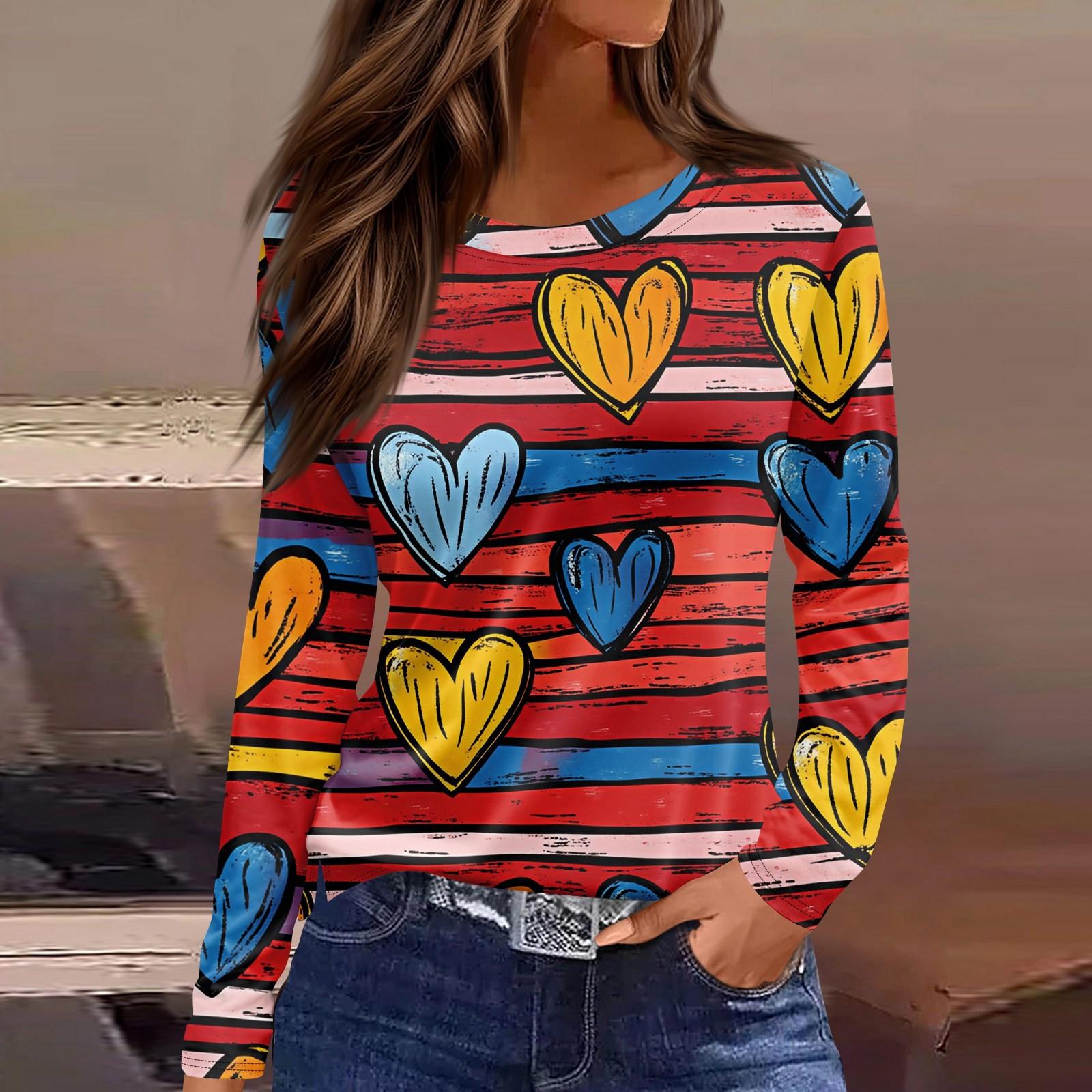 

Женская модная повседневная футболка с разрезом и круглым вырезом, длинным рукавом, с принтом ко Дню святого Валентина, женская футболка XL красный